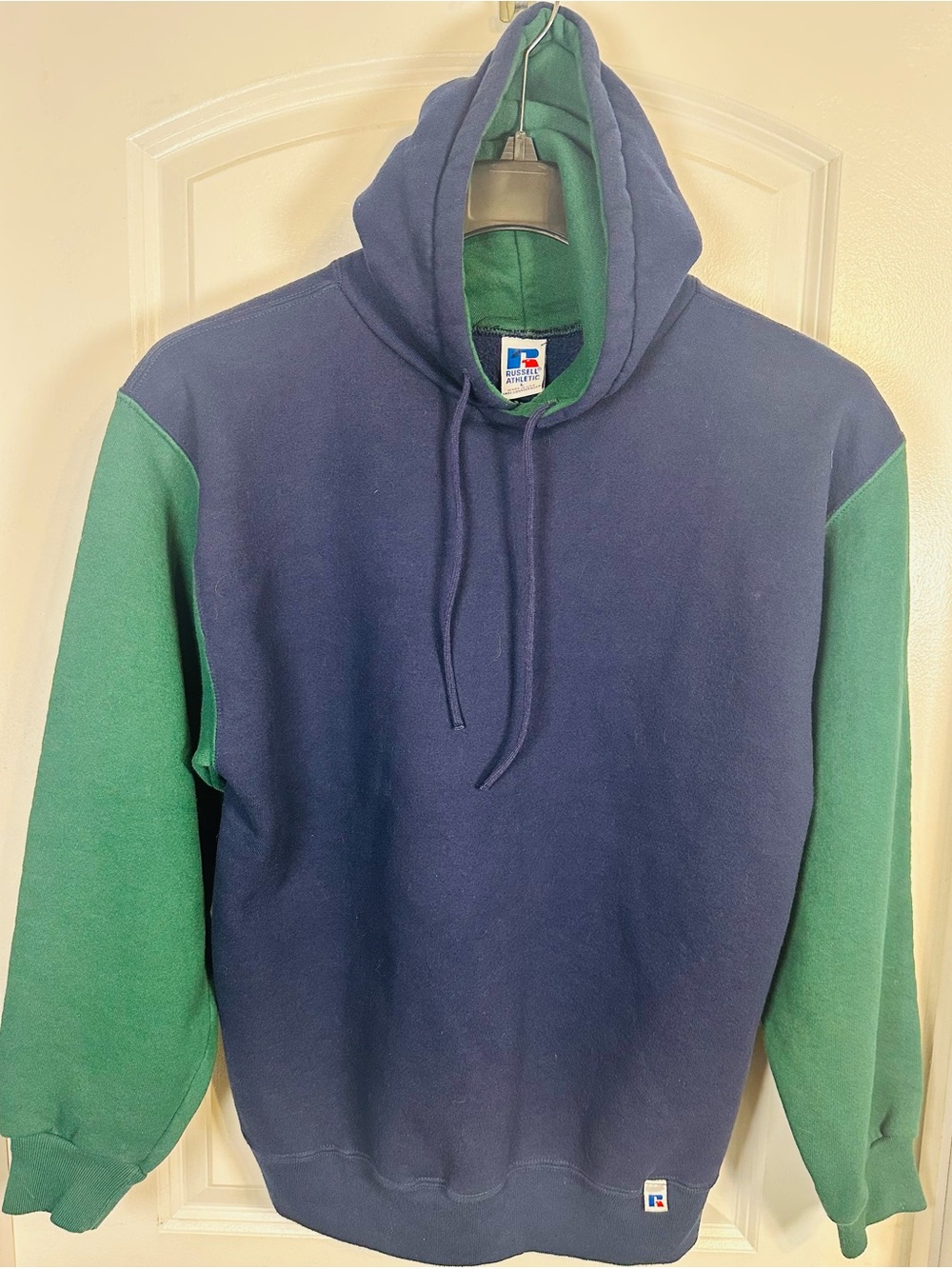 Vintage Russell Athletic USA Men’s L Blue/Green Fleece Pullover Hoodie Logo